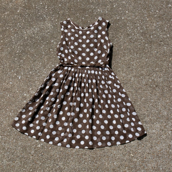 1950s sheer brown and white polka dot dress with belt from Kay Whitney by Huntington