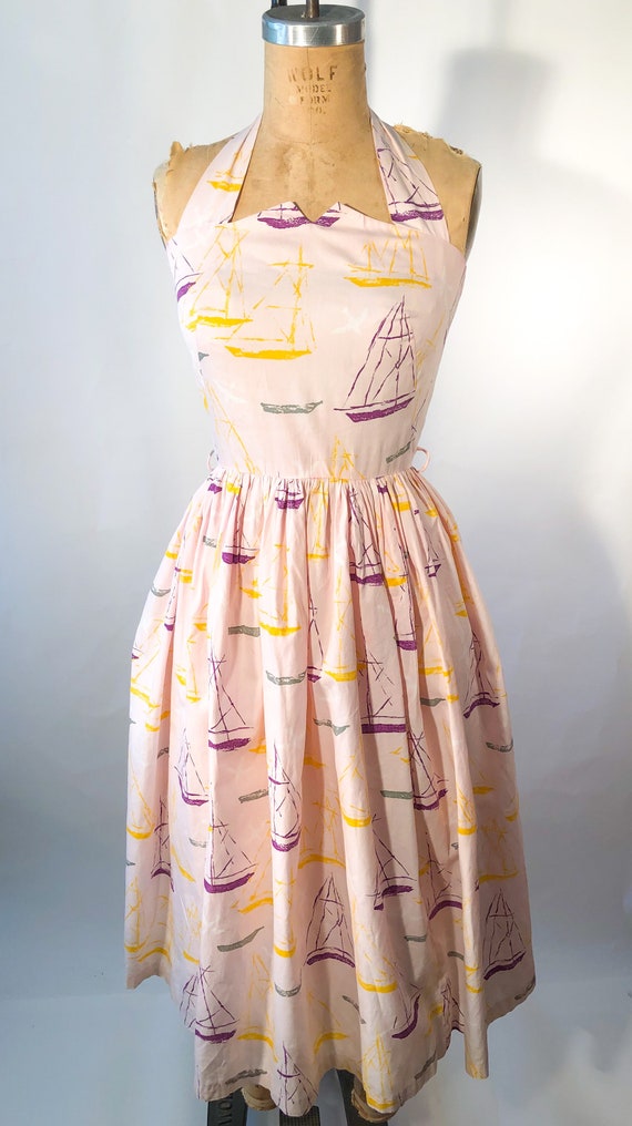 Vintage 1950's Retro Nautical Boat Print Halter Ro