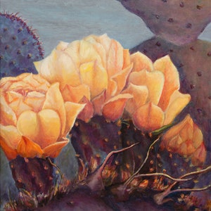 Purple Prickly Pear Majesty. A canvas print of a yellow flowering purple cactus,