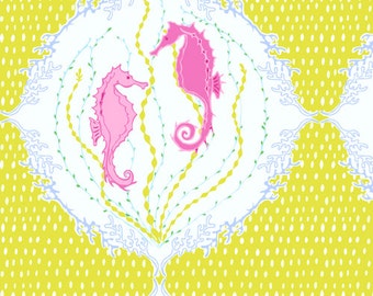 Andover - Full Moon Lagoon - Sea - Andover - Full Moon Lagoon - Sea Horses in Chartreuse 1 Yard Fabric 5998