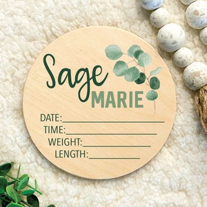 Birth Stats sign floral, Eucalyptus baby birth stat sign, newborn name announcement, round wood birth stat sign, hospital birth sign,