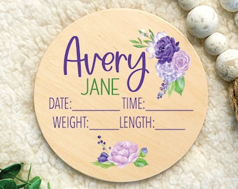 Baby Birth Stats sign floral, Personalized baby birth stat, baby name signs, baby photo prop sign, baby name announcement, violet flower
