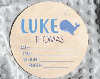 Personalized Birth Stat sign, whale hospital birth sign, baby birth stat sign, newborn name announcement, round wood birth stat sign,