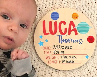 Birth Stats sign boy, Space baby shower, personalized stats sign, newborn name announcement, round wood birth stat sign, baby photo prop