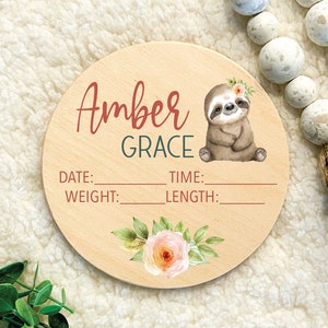 Baby Announcement Sign With Birth Stats, Baby Name reveal, sloth baby gift, Personalized Baby Name Sign, Sign For Hospital