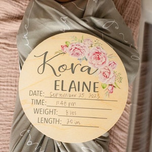 Birth Stat sign floral, Rose baby birth stat sign, baby name announcement, wood birth stat sign, baby photo prop, birth stats sign girl