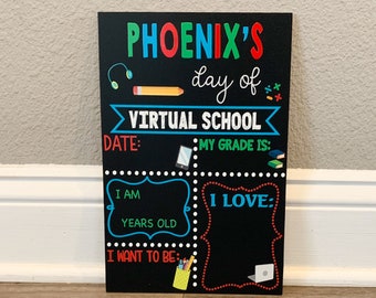 First and last day of Virtual School chalkboard sign, back to school online learning, home school poster, school photo props, back to school