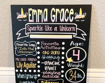 Unicorn Birthday Milestone Chalkboard, birthday stat board, Custom Printed Chalkboard, unicorn party decor, rainbow and unicorn party decor