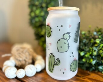 cactus libbey glass,rosted beer can glass with lid and straw, iced coffee lover gift for her, bunny pattern easter glass, boho easter cup