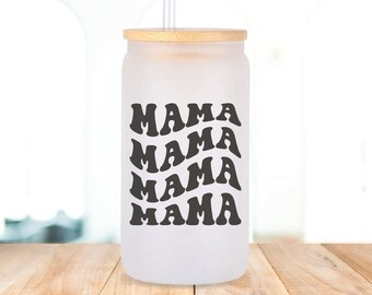 Mama libbey cup, can glass with lid and straw, coffee lover gift for mom, beer can glasses, iced coffee glass for mom, groovy mama glass