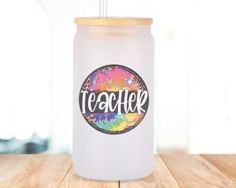 Best Teacher ever frosted beer can glasses with lid and straw, iced coffee cup glass, iced coffee lover, teacher appreciation gift