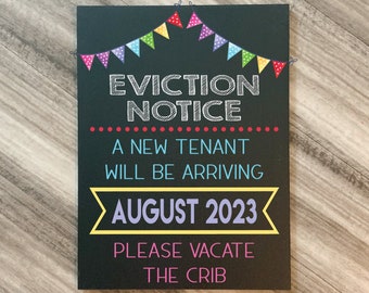 Eviction Notice Pregnancy Announcement Chalkboard, sibling pregnancy announcement, crib eviction notice board, baby reveal, second child