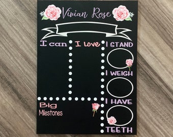 Rose Baby Milestone Chalkboard, baby stat board, Baby milestone board, Monthly milestone board, Personalized baby board, floral baby sign