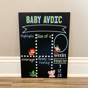 May include: Black chalkboard with the text "BABY AVDIC" in green and blue lettering. The chalkboard is divided into sections with headings "Highlights", "Size of a", "Cravings", and "Mommy is feeling". There are illustrations of a lion, monkey, and elephant.