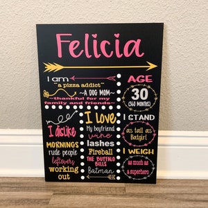 Adult Birthday Milestone Chalk board, Personalized birthday stat board, Custom Printed Chalkboard, 30th birthday chalkboard, Printed board