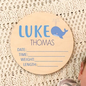 Birth Stats sign boy, whale hospital birth sign, baby birth stat sign for nursery , newborn name announcement, round wood birth stat sign,