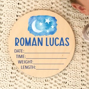 Personalized baby Birth Stat sign, moon and stars baby name sign, baby name announcement, round wood birth stat sign, baby photo prop