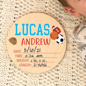 Birth Stats sign boy, sports birth stat sign, newborn name announcement, round wood birth stat sign, baby photo prop, sports baby stats
