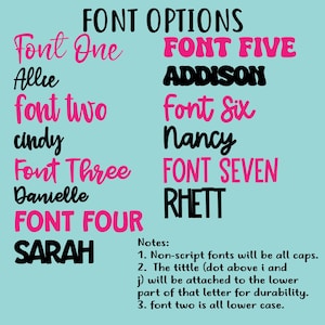 May include: A teal background displays font options. The words "FONT OPTIONS" are at the top. Seven font styles are shown, each with a sample name. Font styles include "Font One", "Font Two", "Font Three", "FONT FOUR", "FONT FIVE", "Font Six", and "FONT SEVEN".