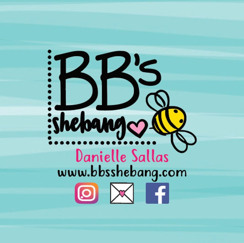 May include: A logo for a business called "BB's Shebang" with a bee and a heart. The text "Danielle Sallas" and the website "www.bbsshebang.com" are below the logo. Social media icons for Instagram, email, and Facebook are below the website address.