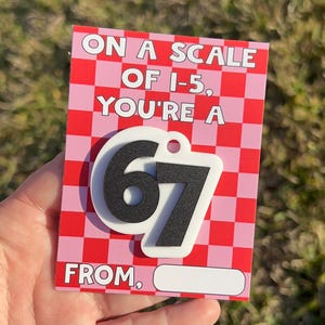 May include: A red and pink checkered card with the text "ON A SCALE OF 1-5, YOU'RE A" and a large "67" in black and white. The card also has the word "FROM" and a blank space for a name.