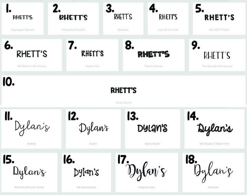 Shows personalized font options for the chalkboard signs.
