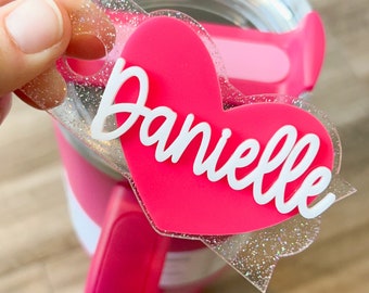 Valentines Day tumbler topper, heart Personalized Name Tag for Tumbler Lid, acrylic name plate for tumbler, Cup Name plates,