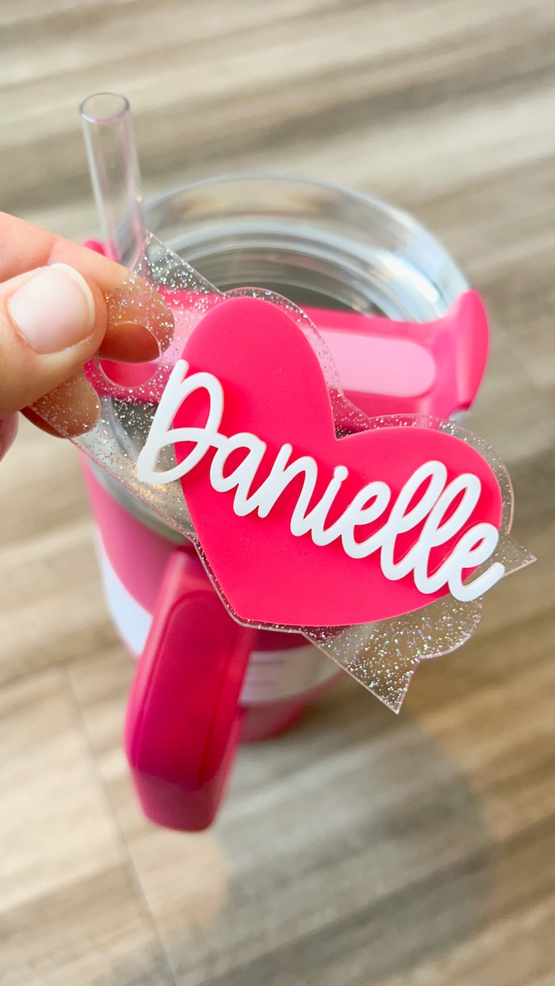 Valentines Day tumbler topper, heart Personalized Name Tag for Tumbler Lid, acrylic name plate for tumbler, Cup Name plates, image 1