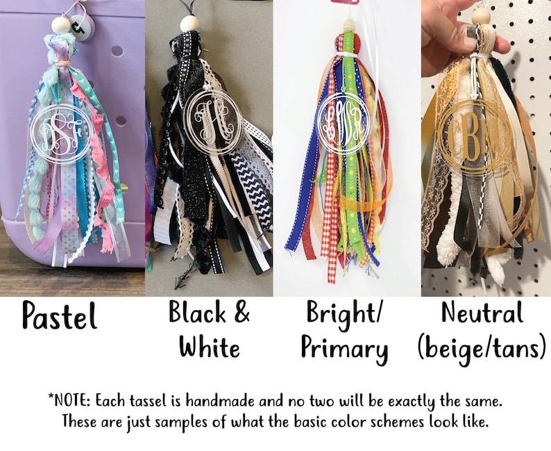 Tote Bag Tassel, Monogram bag charm, backpack tag, acrylic monogram bag tag, ribbon bag tag, bag tag personalized, beach bag tassels image 7