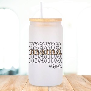 Mama vibes leopard frosted beer can glass with lid and straw, coffee lover gift for mom, beer can glasses, iced coffee glass for mom,