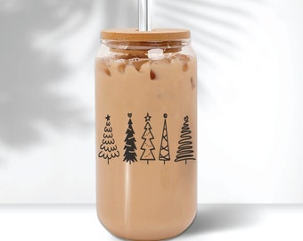 Christmas Tree clear glass cup, christmas iced coffee glass with lid and straw, christmas iced coffee cup, clear beer can glasses