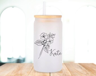 Birth Month flower glass mug, custom birth month flower glass cup gift, personalized birth flower tumbler, birth flower gift for her, libbey