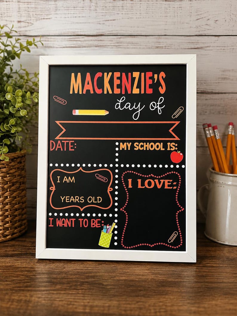 May include: A rectangular chalkboard sign in a white frame with the text MACKENZIE'S day of, DATE, MY SCHOOL IS, I AM YEARS OLD, I LOVE, and I WANT TO BE. The board features colorful graphics of a pencil, paper clips, and a red apple.