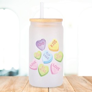 Conversation hearts glass cup, beer can glasses with lid and straw, libbey can glass, valentines glass cup, valentines gift for her