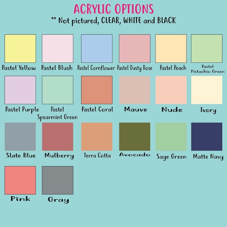 May include: A color chart displaying acrylic options, including pastel shades like yellow, blush, cornflower, dusty rose, peach, and pistachio green. Other colors include purple, spearmint green, coral, mauve, nude, ivory, slate blue, mulberry, terra cotta, avocado, sage green, matte navy, pink, and gray.