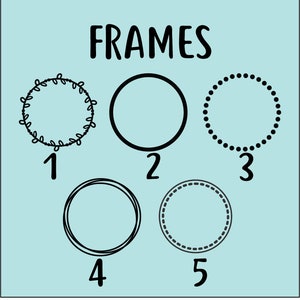May include: Five different black frame options for a picture or photo. The frames are numbered 1 through 5. Frame 1 has a leafy design, frame 2 is a simple circle, frame 3 has a dotted line, frame 4 has a double line, and frame 5 has a dashed line.