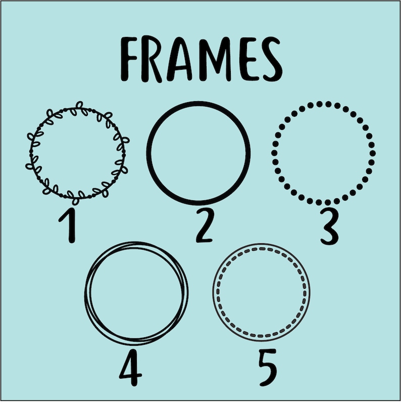 May include: Five different black frame options for a picture or photo. The frames are numbered 1 through 5. Frame 1 has a leafy design, frame 2 is a simple circle, frame 3 has a dotted line, frame 4 has a double line, and frame 5 has a dashed line.