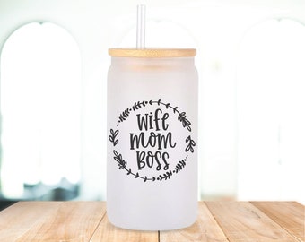 Wife mom boss frosted glass cup with lid and straw, frosted beer can glass with lid and straw, coffee lover gift for mom, beer can glasses