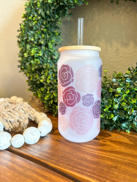 Roses libby glass cup, frosted beer can glass with lid and straw, iced coffee lover gift for her, floral libbey glass, flower beer can glass