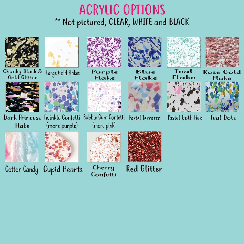 May include: A display of acrylic options with various colors and textures. The options include chunky black and gold glitter, large gold flakes, purple flake, blue flake, teal flake, and rose gold flake. Other options include dark princess flake, twinkle confetti, bubble gum confetti, pastel terrazzo, pastel goth hex, teal dots, cotton candy, cupid hearts, cherry confetti, and red glitter.