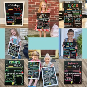 Shows a collage of children holding milestone chalkboard signs that are reusable to document milestones for the first and last day of school.