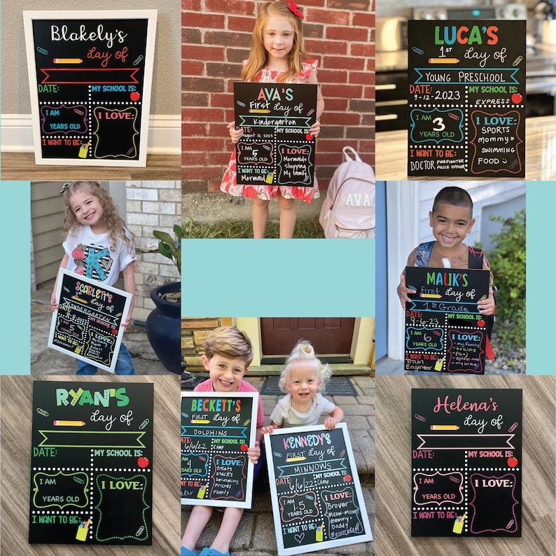 Shows a collage of children holding milestone chalkboard signs that are reusable to document milestones for the first and last day of school.