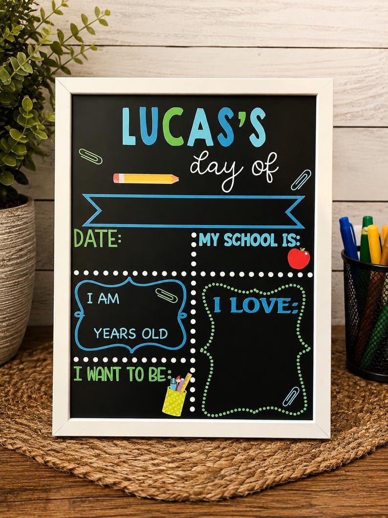May include: A white-framed chalkboard sign featuring the text "LUCAS'S day of" with colorful graphics including a pencil, apple, and paper clips. The board has designated blank sections for date, school, age, interests, and future career goals.