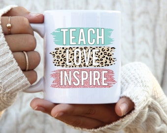 Teach Love Inspire Coffee mug, Leopard Print Teacher mug, personalized teacher coffee mug gift, teacher christmas mug, teacher gift mug