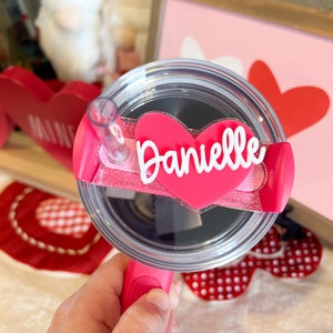 Valentines Day tumbler topper, heart Personalized Name Tag for Tumbler Lid, acrylic name plate for tumbler, Cup Name plates, image 5