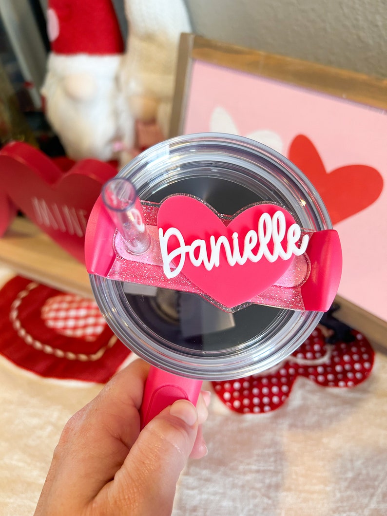 Valentines Day tumbler topper, heart Personalized Name Tag for Tumbler Lid, acrylic name plate for tumbler, Cup Name plates, image 5