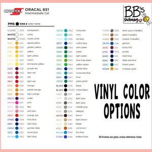 May include: A color chart for vinyl with a variety of colors, including red, blue, green, yellow, and black. The chart is labeled "ORACAL 651 Intermediate Cal" and "VINYL COLOR OPTIONS". All finishes are gloss unless otherwise noted.