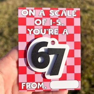 May include: A rectangular card with a red and pink checkered pattern. The card has the text "ON A SCALE OF 1-5, YOU'RE A" and a large white and black "67" graphic. Below the graphic is the word "FROM," with a blank space.