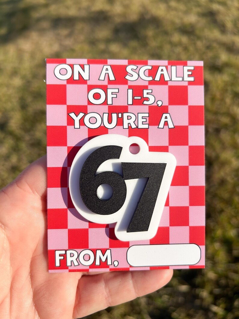 May include: A rectangular card with a red and pink checkered pattern. The card has the text "ON A SCALE OF 1-5, YOU'RE A" and a large white and black "67" graphic. Below the graphic is the word "FROM," with a blank space.