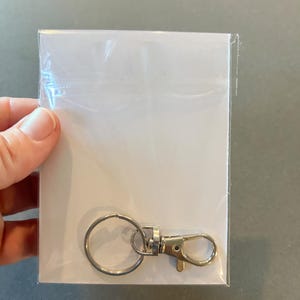May include: A silver-colored keychain with a clasp and a key ring is attached to a white card, all sealed in a clear plastic bag. The keychain is made of metal and has a shiny finish. The background is a neutral gray.